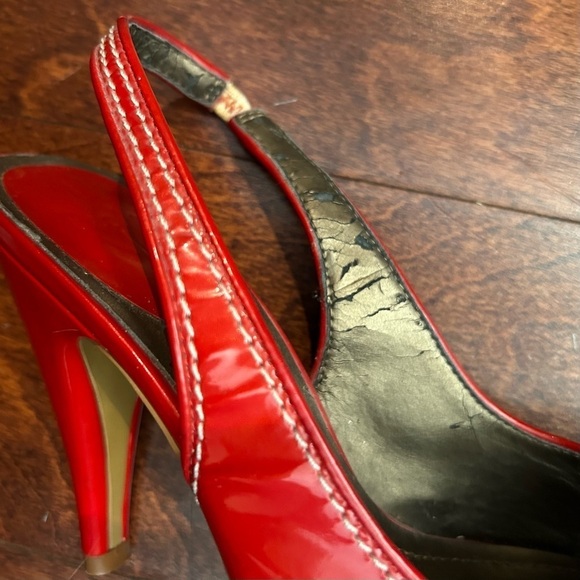 Paolo Dark Hyacinth Orange Leather Heels with Rhinestone & Gold Hardware, Size 7 - Picture 9 of 14